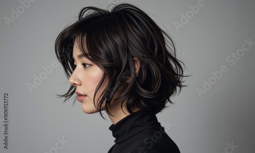 Elegant young Asian woman with stylish dark wavy bob haircut side profile