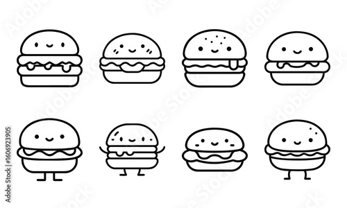 Fast Food Vector Icon Set of Burger, Pizza, French Fries, Hot Dog, Soda, Donut, Ice Cream, Flat Color Illustration for Restaurant Menu, Cafe, Sticker, Social Media, on White Background
