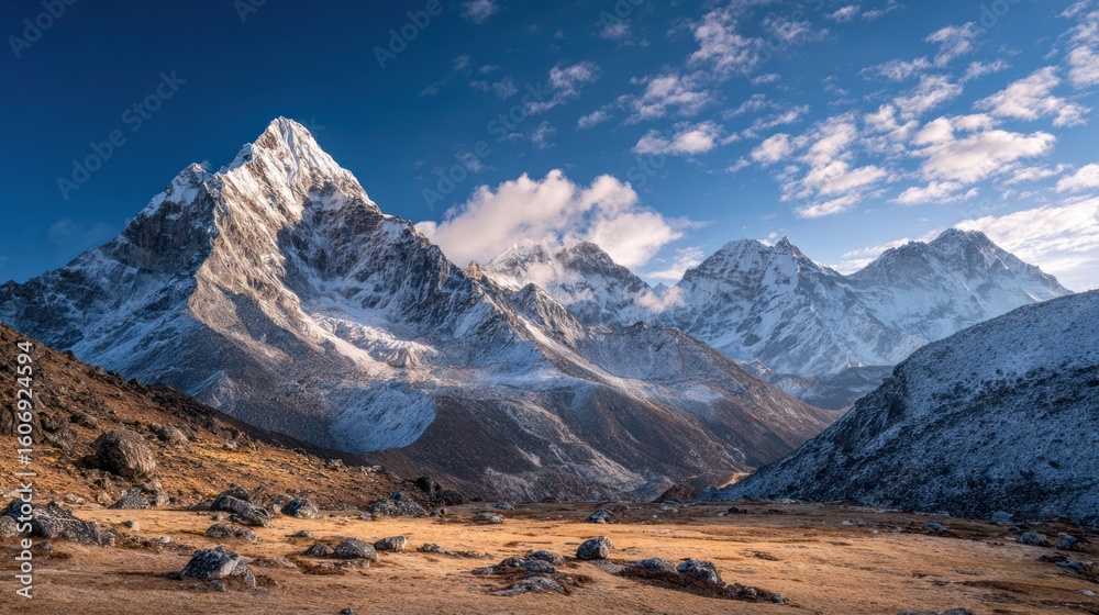 Fototapeta premium Majestic snow-capped mountain range against a bright blue sky with scattered clouds