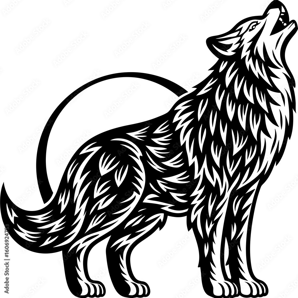 Obraz premium “Wolves and Moon Vector Set – Tribal Silhouettes and Nature-Inspired Circular Scenes”