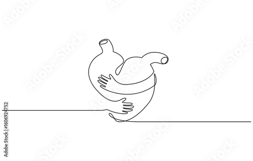 Continuous one line drawing of heart symbol with hand embrace vector illustration. Editable outline