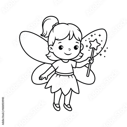 Cute Fairy Girl with Wings and Magic Wand Coloring Page Printable