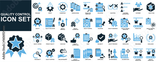 Set of quality control icon vector, representing standards, inspection, and excellence. Ideal for business, manufacturing, or service industries needing visuals for assurance and improvement.