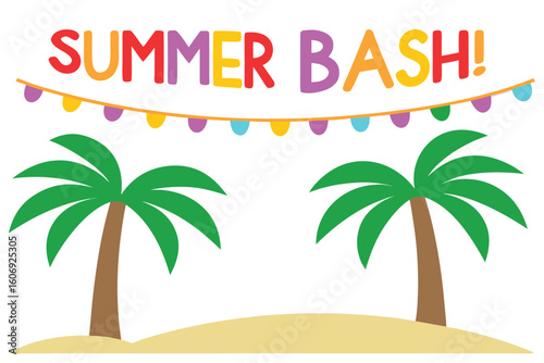 Cartoon Summer Bash with Palm Trees, Festive Garland, Beach Illustration, Party Invitation