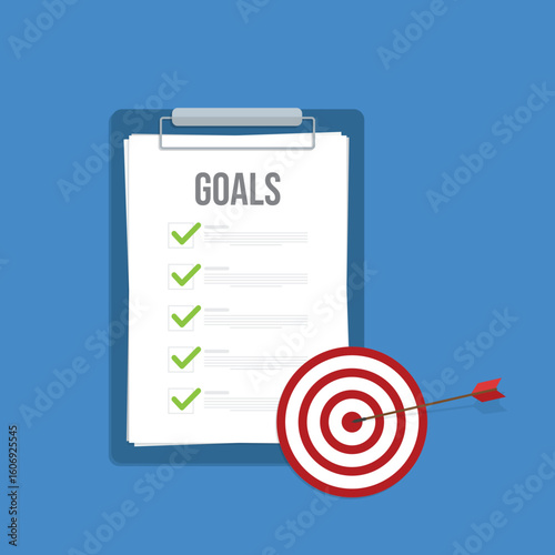 Goals list with checklist and arrow hitting the center of a target, business achievement concept	