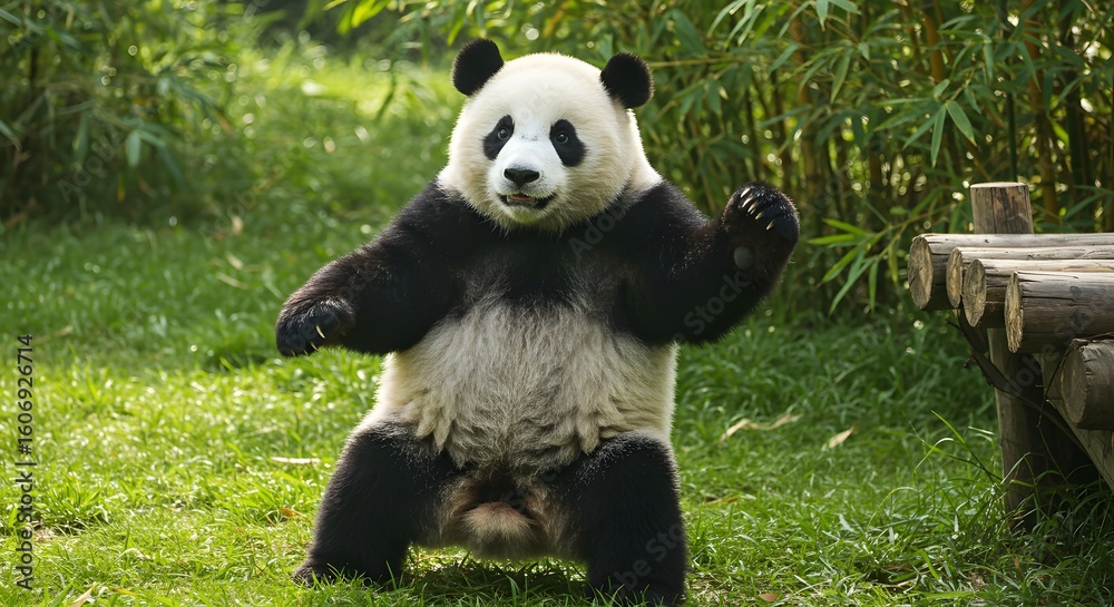 Fototapeta premium A giant panda sitting upright on a grassy area with its arms slightly raised, appearing playful in a natural outdoor setting.