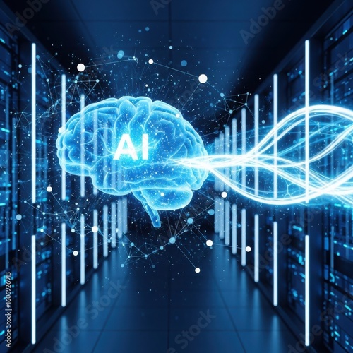 A glowing blue artificial intelligence brain with the letters ai inside connected by light streams in a futuristic server room