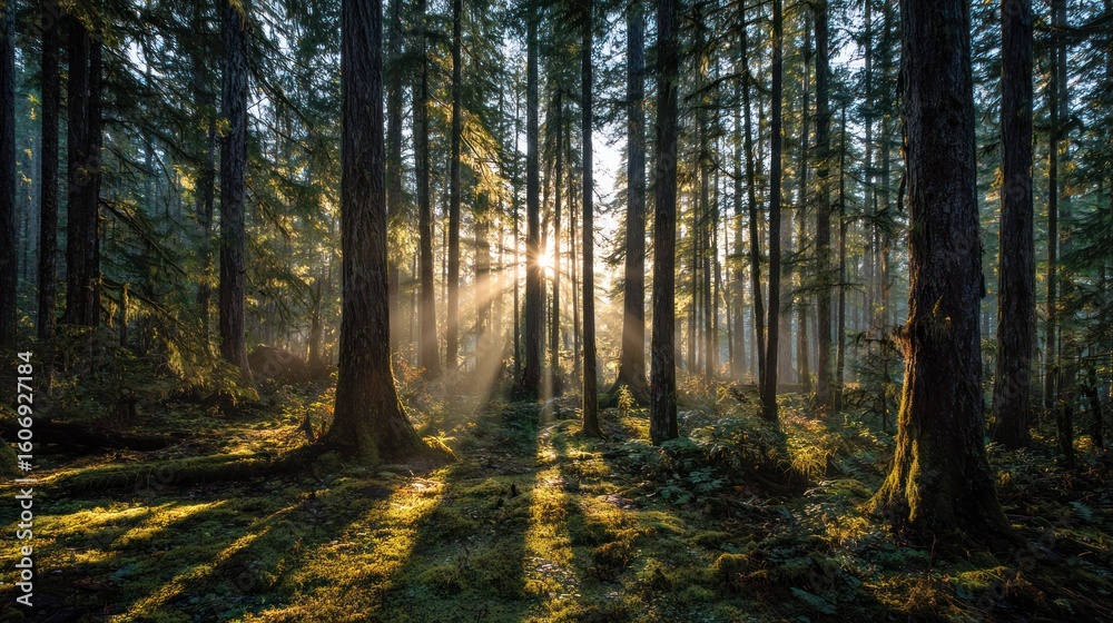 Fototapeta premium Sunlight streams through a dense forest, illuminating trees and the mossy ground