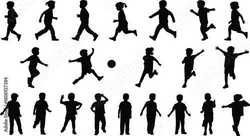 Silhouettes of kids running, walking, jumping, and playing, vector child poses, active children collection for sport, education, and fun projects