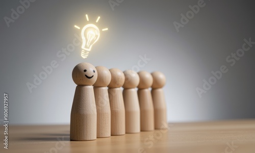 Wooden figures in a row with one figure smiling and a glowing lightbulb above its head