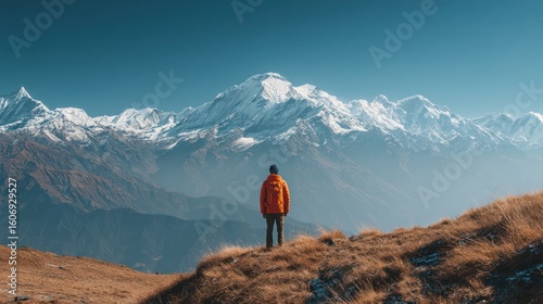 A lone figure gazes at majestic, snow-capped peaks under a brilliant blue sky