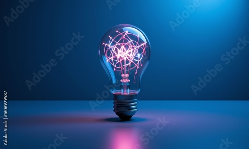 A glowing incandescent light bulb with a complex filament design emits vibrant pink light against a dark blue background