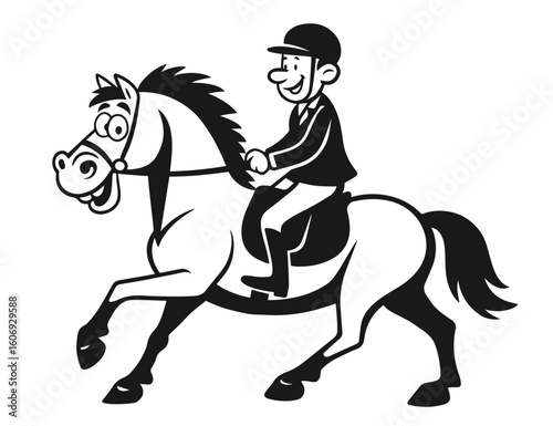 Happy man riding a cartoon horse in equestrian outfit with cheerful expressionsv