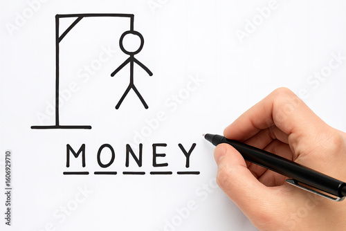 Generative AI: hangman traditional game. hand with pen writes word MONEY. white isolated background
