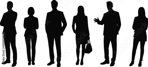 Business professionals silhouette, standing corporate team, men and women in office attire, teamwork, leadership, communication, collaboration, modern workplace diversity.