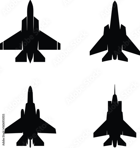 Military fighter jet silhouettes, top view, aircraft, aviation, warplane, air force, high speed, stealth design, modern technology, combat aircraft, aerial defense, aviation vector, flying machines, 