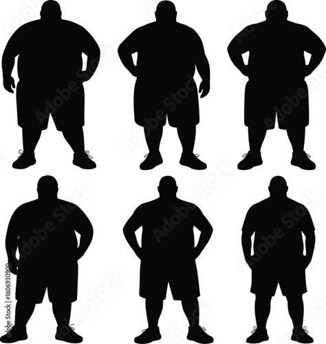 Silhouette of overweight men standing, isolated on white background, obesity concept, male body shape, health awareness, fitness, lifestyle, posture.