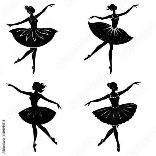 Four ballerinas in silhouette performing ballet poses with arms raised and wearing tutus and pointe shoes