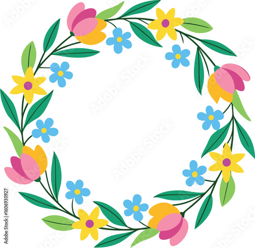 A charming circular floral wreath with vibrant pink tulips yellow daffodils and delicate blue forget me nots on a white background