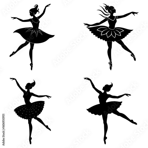 Four silhouette ballerinas in various poses wearing tutus and pointe shoes performing ballet dances art