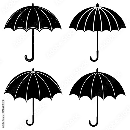 Four black umbrella icons in a two by two grid with varied canopy designs on a white background design