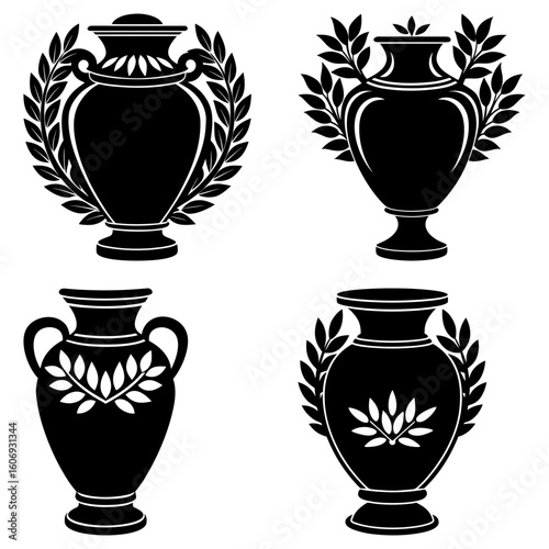 A collection of four black and white decorative vases adorned with laurel wreaths and leaf patterns