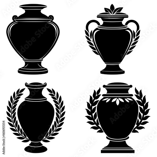 Four black silhouette illustrations of classic urns with decorative elements on a white background