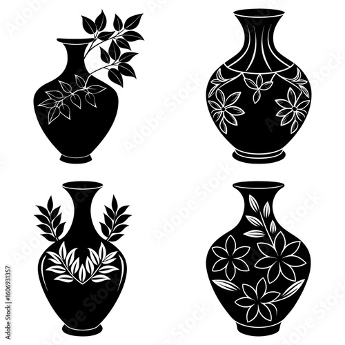 Four black vases with different floral and leaf designs in a symmetrical monochrome arrangement