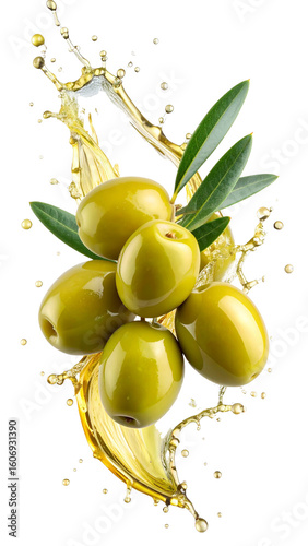 Green olives splashing with olive oil on transparent background