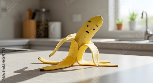 A slightly peeled banana with a cartoon face expressing sadness or concern sits on a bright kitchen counter near a window.