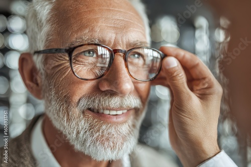 A man with glasses and a white beard getting his glasses adjusted by an optician.