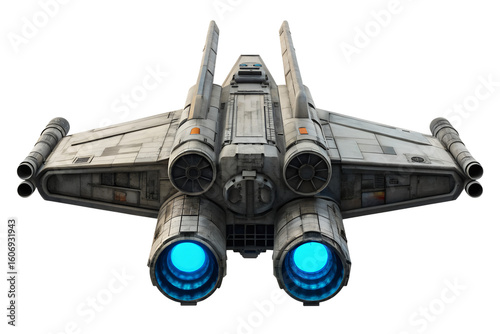 Fototapeta Naklejka Na Ścianę i Meble -  Realistic rear view of a futuristic starfighter spaceship with powerful glowing blue engine thrusters isolated on a white background. 3D render.