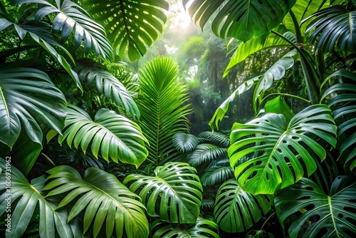 Fototapeta Naklejka Na Ścianę i Meble -  A dense, vibrant jungle canopy with large, lush green tropical leaves, including monstera and palm varieties, creating a natural, immersive environment