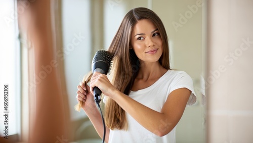 Young woman with long hair is styling her hair using a round brush and hairdryer in a bright bathroom, showcasing personal grooming and beauty routine
