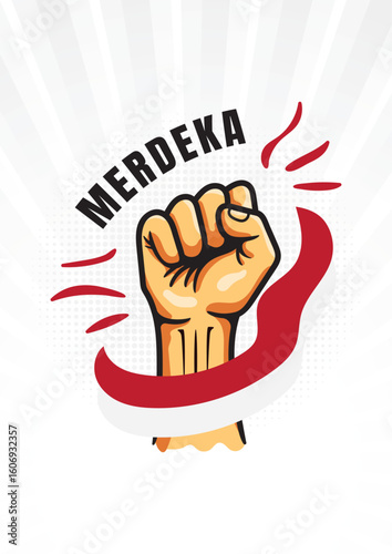 Merdeka Fist Illustration with Red and White Ribbon