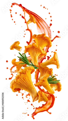 Fresh chanterelle mushrooms with rosemary and splashing sauce on transparent background