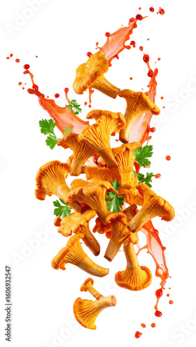 Fresh chanterelle mushrooms with parsley and splashing sauce on transparent background