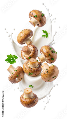 Fresh mushrooms with parsley seasoning falling into splash of milk against transparent background