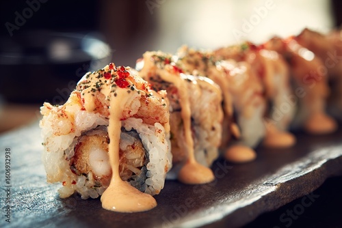 Close-up of gourmet sushi roll, tempura shrimp and crabmeat, drizzled with spicy mayo, served on a dark slate plate