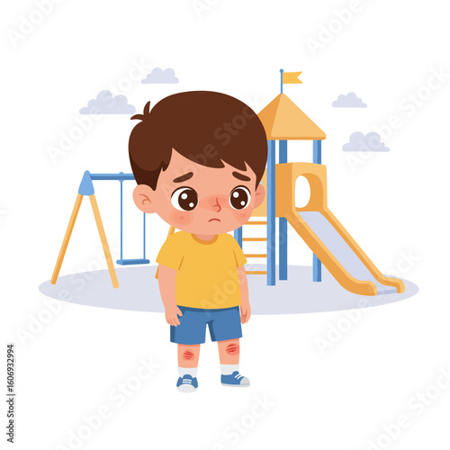Young boy looking hurt near playground with swings and slide  