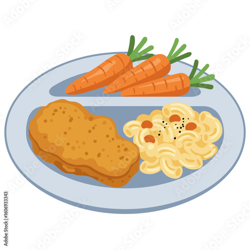 Hot school lunch plate with chicken, pasta, and carrots  