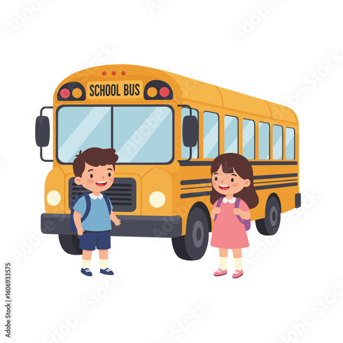Young children smiling near school bus on white background  