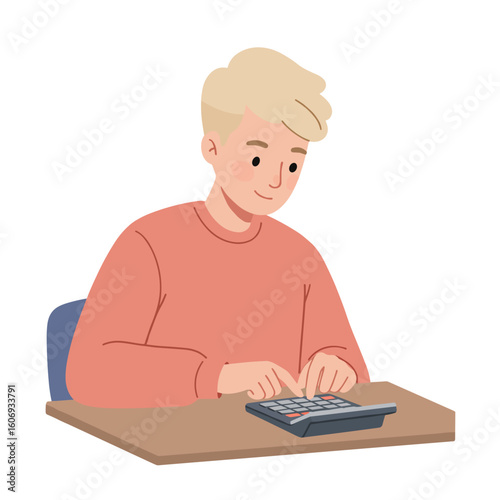 Young boy using calculator while studying at desk for education  