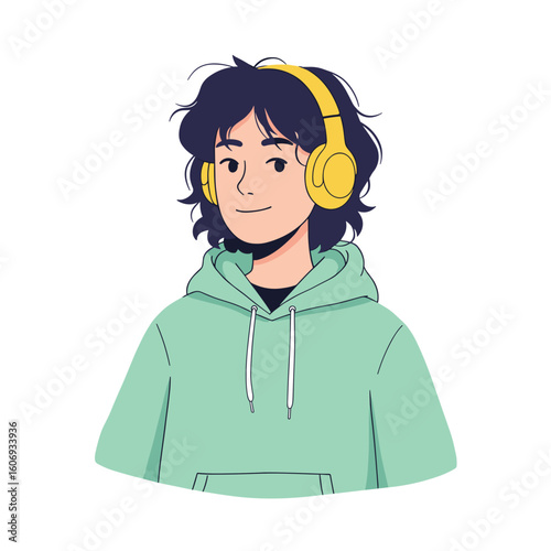 Teenager wearing headphones and hoodie with a casual expression  