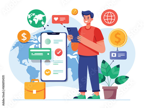 Man receiving global payments on phone with briefcase money