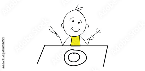 Cartoon stickman excitedly waiting at dining table with empty plate representing hunger meal time expectation food craving and family routine
