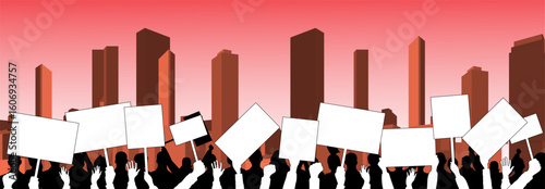 Vector illustration of a protest in a city with silhouettes of people holding blank signs against a red sunset skyline.