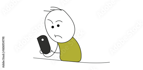 Cartoon stickman angrily looking at smartphone representing frustration online addiction stress bad news notifications or digital problems
