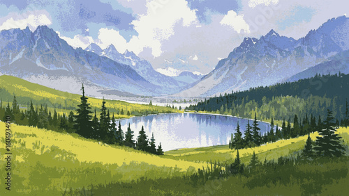 Tranquil Course Quiet river valley scenery isolated watercolor vector illustration svg