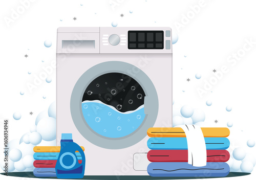 laundry service flat Illustration PNG. Washing machine, detergent bottle, clothes illustration.